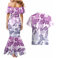 Vintage Hawaii Couples Matching Mermaid Dress and Hawaiian Shirt Hibiscus Tapa Tribal With Hawaiian Quilt Pattern Violet LT9 - Polynesian Pride