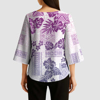 Vintage Hawaii Kimono Sleeve Blouse Hibiscus Tapa Tribal With Hawaiian Quilt Pattern Violet - Polynesian Pride