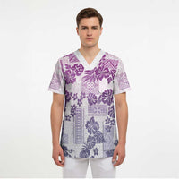 Vintage Hawaii Scrub Top Hibiscus Tapa Tribal With Hawaiian Quilt Pattern Violet - Polynesian Pride