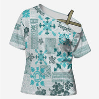 Hawaii Tapa Tribal Cross Shoulder Shirt With Hawaiian Quilt Pattern Aqua LT9 Female Aqua - Polynesian Pride