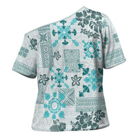 Hawaii Tapa Tribal Cross Shoulder Shirt With Hawaiian Quilt Pattern Aqua LT9 - Polynesian Pride