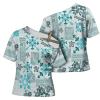 Hawaii Tapa Tribal Cross Shoulder Shirt With Hawaiian Quilt Pattern Aqua LT9 - Polynesian Pride