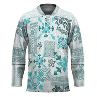 Hawaii Tapa Tribal Hockey Jersey With Hawaiian Quilt Pattern Aqua LT9 Unisex Aqua - Polynesian Pride