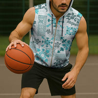 Hawaii Tapa Tribal Sleeveless Zip Hoodie With Hawaiian Quilt Pattern Aqua - Polynesian Pride