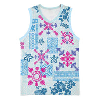 Hawaii Tapa Tribal Basketball Jersey With Hawaiian Quilt Pattern Blue - Polynesian Pride