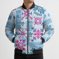 Hawaii Tapa Tribal Bomber Puffer Jacket With Hawaiian Quilt Pattern Blue - Polynesian Pride