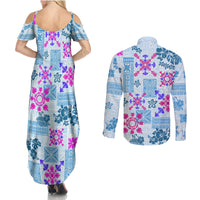 Hawaii Tapa Tribal Couples Matching Summer Maxi Dress and Long Sleeve Button Shirt With Hawaiian Quilt Pattern Blue LT9 - Polynesian Pride