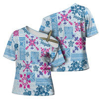 Hawaii Tapa Tribal Cross Shoulder Shirt With Hawaiian Quilt Pattern Blue - Polynesian Pride