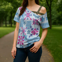 Hawaii Tapa Tribal Cross Shoulder Shirt With Hawaiian Quilt Pattern Blue - Polynesian Pride