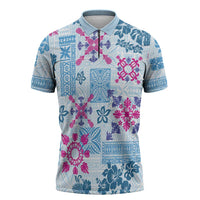 Hawaii Tapa Tribal Zipper Polo Shirt With Hawaiian Quilt Pattern Blue - Polynesian Pride
