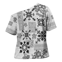 Hawaii Tapa Tribal Cross Shoulder Shirt With Hawaiian Quilt Pattern Black LT9 - Polynesian Pride