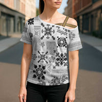 Hawaii Tapa Tribal Cross Shoulder Shirt With Hawaiian Quilt Pattern Black LT9 - Polynesian Pride