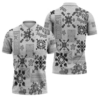 Hawaii Tapa Tribal Zipper Polo Shirt With Hawaiian Quilt Pattern Black - Polynesian Pride