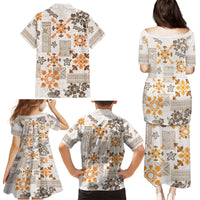 Hawaii Tapa Tribal Family Matching Puletasi Dress and Hawaiian Shirt With Hawaiian Quilt Pattern Gold LT9 - Polynesian Pride