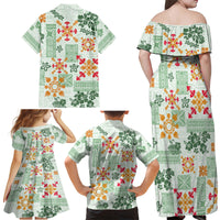 Hawaii Tapa Tribal Family Matching Off Shoulder Maxi Dress and Hawaiian Shirt With Hawaiian Quilt Pattern Green LT9 - Polynesian Pride