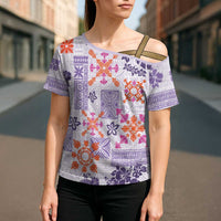 Hawaii Tapa Tribal Cross Shoulder Shirt With Hawaiian Quilt Pattern Violet - Polynesian Pride