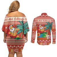 Hawaii Mele Kalikimaka Couples Matching Off Shoulder Short Dress and Long Sleeve Button Shirt Surfing Santa Funny Christmas