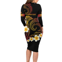 Personalised Papua New Guinea Sepik Long Sleeve Bodycon Dress Plumeria Floral Tribal Pattern - Polynesian Pride