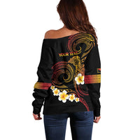 Personalised Papua New Guinea Sepik Off Shoulder Sweater Plumeria Floral Tribal Pattern - Polynesian Pride