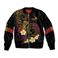 Personalised Papua New Guinea Sepik Sleeve Zip Bomber Jacket Plumeria Floral Tribal Pattern - Polynesian Pride