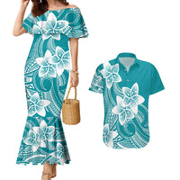 Polynesian Plumeria Flowers Tribal Couples Matching Mermaid Dress and Hawaiian Shirt Pacific Tattoo Teal Style - Polynesian Pride