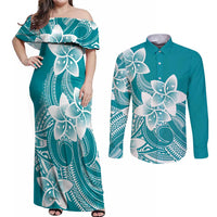 Polynesian Plumeria Flowers Tribal Couples Matching Off Shoulder Maxi Dress and Long Sleeve Button Shirt Pacific Tattoo Teal Style - Polynesian Pride