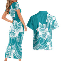 Polynesian Plumeria Flowers Tribal Couples Matching Short Sleeve Bodycon Dress and Hawaiian Shirt Pacific Tattoo Teal Style - Polynesian Pride