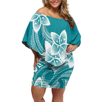 Polynesian Plumeria Flowers Tribal Family Matching Off Shoulder Short Dress and Hawaiian Shirt Pacific Tattoo Teal Style - Polynesian Pride