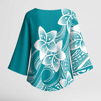 Polynesian Plumeria Flowers Tribal Kimono Sleeve Blouse Pacific Tattoo Teal Style - Polynesian Pride