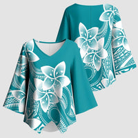 Polynesian Plumeria Flowers Tribal Kimono Sleeve Blouse Pacific Tattoo Teal Style - Polynesian Pride