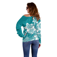 Polynesian Plumeria Flowers Tribal Off Shoulder Sweater Pacific Tattoo Teal Style - Polynesian Pride
