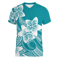 Polynesian Plumeria Flowers Tribal Women V-Neck T-Shirt Pacific Tattoo Teal Style - Polynesian Pride