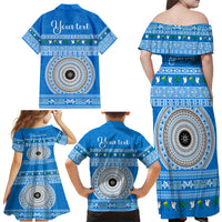 Personalised Fiji Marau Na Kerisimasi Family Matching Off Shoulder Maxi Dress and Hawaiian Shirt Merry Christmas Tapa Pattern Blue Style LT9 - Polynesian Pride