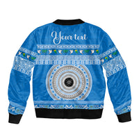 Personalised Fiji Marau Na Kerisimasi Sleeve Zip Bomber Jacket Merry Christmas Tapa Pattern Blue Style LT9 - Polynesian Pride