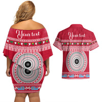Personalised Fiji Marau Na Kerisimasi Couples Matching Off Shoulder Short Dress and Hawaiian Shirt Merry Christmas Tapa Pattern Red Style LT9 - Polynesian Pride