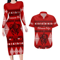 Personalised Tonga Kilisimasi Fiefia Couples Matching Long Sleeve Bodycon Dress and Hawaiian Shirt Merry Christmas with Turtle Ngatu Pattern LT9 Red - Polynesian Pride