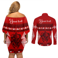 Personalised Tonga Kilisimasi Fiefia Couples Matching Off Shoulder Short Dress and Long Sleeve Button Shirt Merry Christmas with Turtle Ngatu Pattern LT9 - Polynesian Pride
