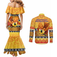 PNG Hamamas Krismas Couples Matching Mermaid Dress and Long Sleeve Button Shirt Papua New Guinea Bird Of Paradise Merry Christmas Gold Style LT9 - Polynesian Pride