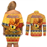 PNG Hamamas Krismas Couples Matching Off Shoulder Short Dress and Long Sleeve Button Shirt Papua New Guinea Bird Of Paradise Merry Christmas Gold Style LT9 - Polynesian Pride