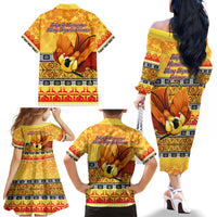 PNG Hamamas Krismas Family Matching Off Shoulder Long Sleeve Dress and Hawaiian Shirt Papua New Guinea Bird Of Paradise Merry Christmas Gold Style LT9 - Polynesian Pride