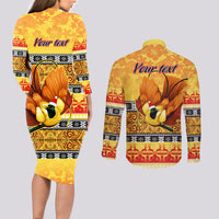 Personalised PNG Hamamas Krismas Couples Matching Long Sleeve Bodycon Dress and Long Sleeve Button Shirt Papua New Guinea Bird Of Paradise Merry Christmas Gold Style LT9 - Polynesian Pride