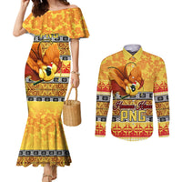 Personalised PNG Hamamas Krismas Couples Matching Mermaid Dress and Long Sleeve Button Shirt Papua New Guinea Bird Of Paradise Merry Christmas Gold Style LT9 Gold - Polynesian Pride