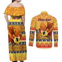Personalised PNG Hamamas Krismas Couples Matching Off Shoulder Maxi Dress and Long Sleeve Button Shirt Papua New Guinea Bird Of Paradise Merry Christmas Gold Style LT9 - Polynesian Pride