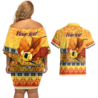 Personalised PNG Hamamas Krismas Couples Matching Off Shoulder Short Dress and Hawaiian Shirt Papua New Guinea Bird Of Paradise Merry Christmas Gold Style LT9 - Polynesian Pride