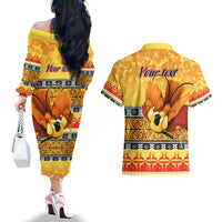 Personalised PNG Hamamas Krismas Couples Matching Off The Shoulder Long Sleeve Dress and Hawaiian Shirt Papua New Guinea Bird Of Paradise Merry Christmas Gold Style LT9 - Polynesian Pride