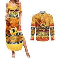 Personalised PNG Hamamas Krismas Couples Matching Summer Maxi Dress and Long Sleeve Button Shirt Papua New Guinea Bird Of Paradise Merry Christmas Gold Style LT9 Gold - Polynesian Pride