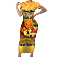 Personalised PNG Hamamas Krismas Short Sleeve Bodycon Dress Papua New Guinea Bird Of Paradise Merry Christmas Gold Style LT9 Long Dress Gold - Polynesian Pride