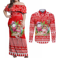 Personalised Hawaii Mele Kalikimaka Couples Matching Off Shoulder Maxi Dress and Long Sleeve Button Shirt Santa Beach Merry Christmas LT9 Red - Polynesian Pride