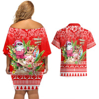 Personalised Hawaii Mele Kalikimaka Couples Matching Off Shoulder Short Dress and Hawaiian Shirt Santa Beach Merry Christmas LT9 - Polynesian Pride