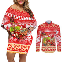 Hawaii Mele Kalikimaka Couples Matching Off Shoulder Short Dress and Long Sleeve Button Shirt Santa Claus and Hula Dancing Merry Christmas LT9 Red - Polynesian Pride